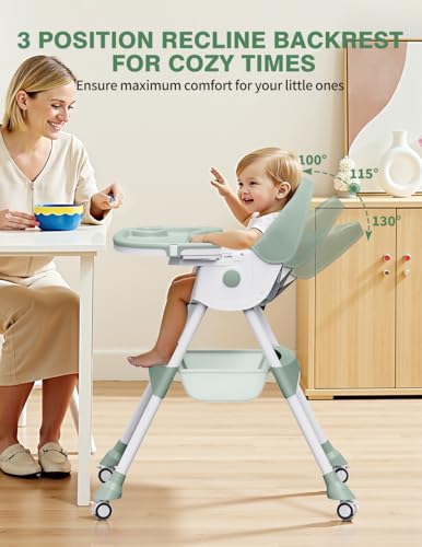 Image of High Chairs for Babies and Toddlers, 4 in 1 Convertible Baby High Chair, Portable High Chair for Travel with Adjustable Height and Back, Foldable HighChair with Wheels& Pu Cushion