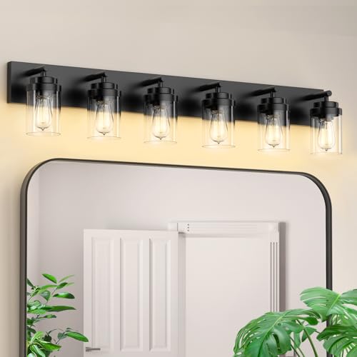Image of IZORRO Bathroom Vanity Light Fixture, 6-Light 46 Inch Matte Black Bathroom Light Fixtures Over Mirror, with Clear Glass Shade, Modern Farmhouse Vanity Lights, Rustic Restroom Lighting Fixtures