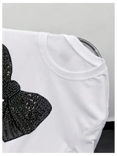 Image of RoseSeek Women's Rhinestone Sequin Bowknot Graphic Tees Short Sleeve Crewneck Summer Tops Going Out T Shirt