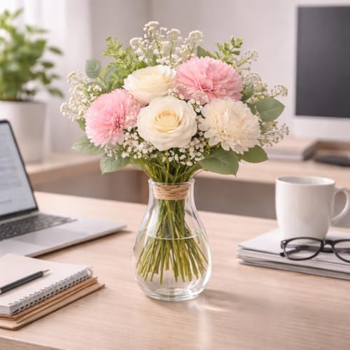 Image of Premium Artificial Flower Bunch - Mum, Rose & Lotus with White Baby Breath | Realistic Fabric Petals | Artificial Flowers for Vase | Home Decoration Items for Living Room & Bedroom