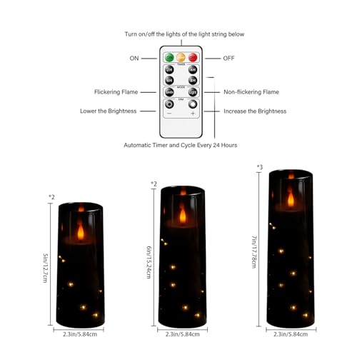Image of Flameless Candles,with Embedded Star String, Battery Operated Candles Flickering LED Pillar Candles with Remote Control and Timer, Home Decoration Add a Warm and Romantic Atmosphere,Set of 7 (Black)