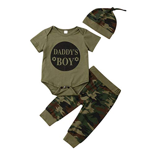 Newborn Baby Boy Outfits Daddy's Boy Short Sleeve Romper Onesie+Camouflage Pants+Hat 3Pcs Baby Boy Camo Clothes Set (Daddy's Boy 2, 6-12 Months)