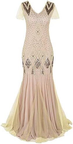 Women’s 1920s Vintage Flapper Fringe Great Gatsby Party Dress Sequin Maxi Evening Cocktail Dresses Lady V-Neck Floor Length Long Prom Mermaid Formal Gown Wedding Bridesmaid Dance Dress Apricot+Gold L