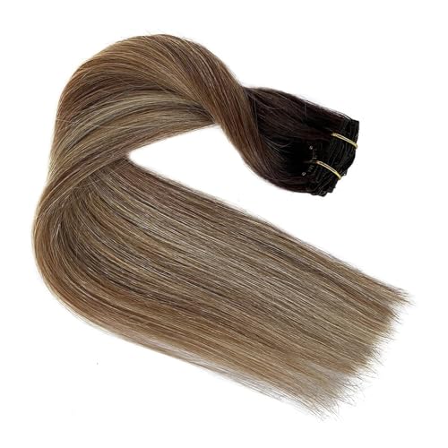 Image of Hair Extensions Clip in Real Human Hair Clip ins Hair Extension Light Brown to Medium Blonde Balayage Remy Human Hair for Women 20 Inch 7Pcs 70g