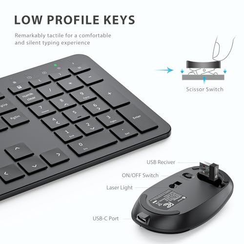 iClever Wireless Keyboard and Mouse, GK08 Rechargeable Keyboard Mouse Combo, Ergonomic, Quiet, Full Size Design with Number Pad, 2.4G Connection for Mac, Windows and Computer