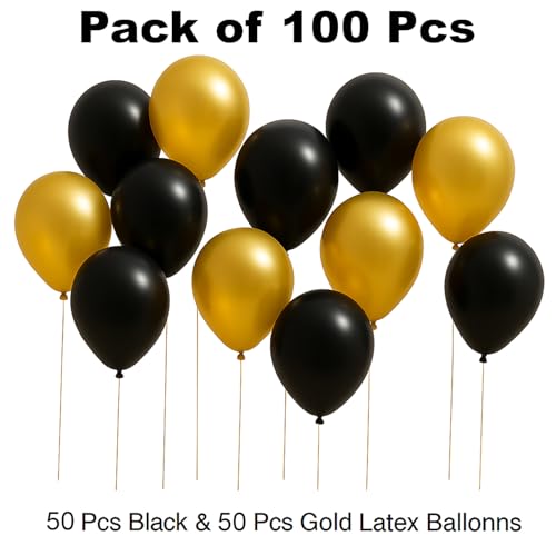 Image of Rozi Decoration Party Decoration Metallic HD Latex Balloons for Birthday /Anniversary /Baby Shower Black and Gold, Pack of 200 Piece