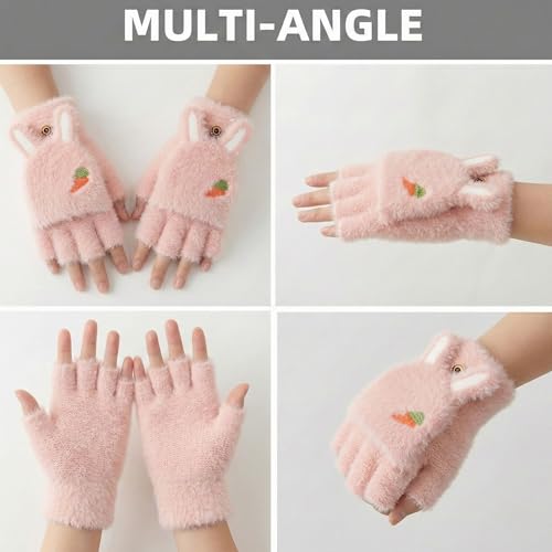 Image of Kraptick Cute Bunny Winter Gloves for Women & Girls - Fluffy Convertible Flip Top Mittens - Warm Fingerless Knitted Woolen Hand Warmer with Button Flap for Typing & Driving (Free Size, Pink)-5