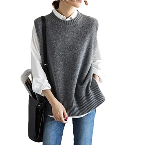 Autumn Winter Ladies Knitted Sleeveless Crewneck Pullover Sweater Loose Casual Sweater Vest (Gray XL)