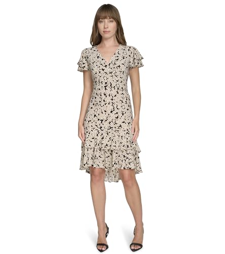 Image of Tommy Hilfiger Women's Flutter Sleeve V-Neck Ruffle Trim Chiffon Mini Dress