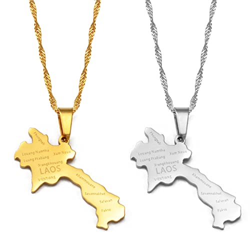 Collier avec pendentif carte du Laos - Colliers avec pendentif carte de la République démocratique populaire du Laos Carte avec colliers avec pendentif en forme de contour de la ville,Silver,45cm