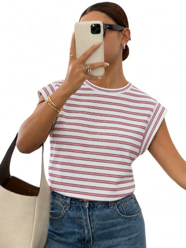 Image of Jawdrobe Women's Striped Western Top Round Neck Cap Sleeve T-Shirt for Women