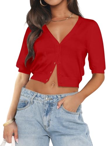 Image of LEEDYA Summer Cardigans for Women Lightweight Short Sleeve Open Front Knit Cropped Sweaters V Neck Button Up Bolero Shrug Top
