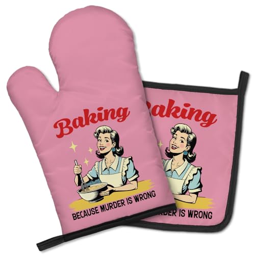 Geygie Baking Because Murder Is Wrong Funny Oven Mitts And Pot Holders Set, Vintage Baking Kitchen Gadgets, Sarcastic Baking Gifts For Women Chef Hostess Mom Sister Bff Baking Lovers