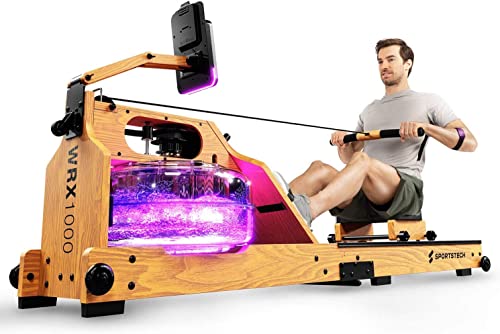 Sportstech WRX1000 Rudergerät für Zuhause, Wasser Rudergerät klappbar aus Massivholz mit LED-Wassertank, Rudermaschine mit App und Tablethalterung, Water Rower Premium Fitnessgeräte für zuhause