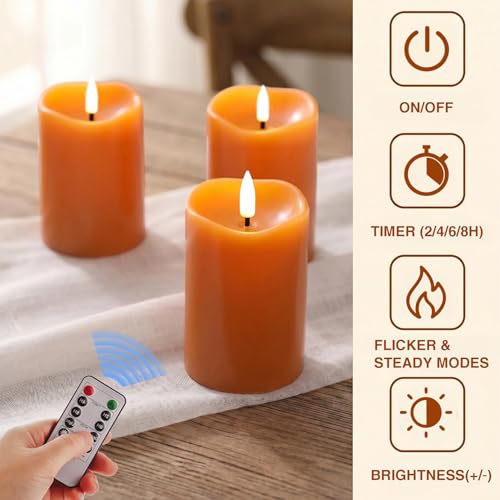Image of Orange Flameless Votive Candles with Remote Batteries Set of 6 | 2x3 inch Small Flickering LED Pillar Candles, Battery Powered, Real Wax Coating, Fall Halloween Home Decor