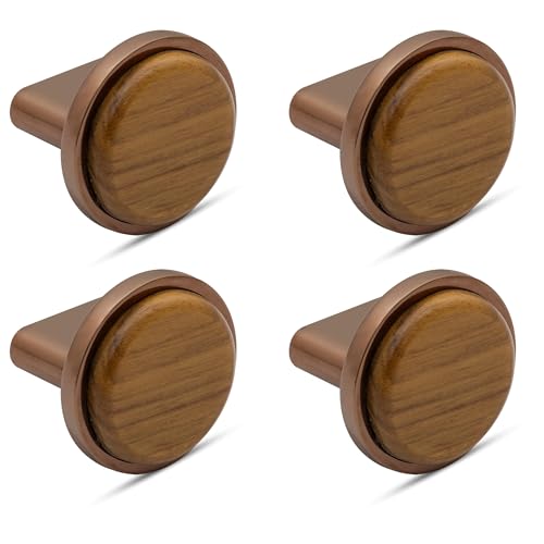 Image of Plantex Round Drawer Knob /Pull-Push Knobs for Kitchen /Knobs for Cabinets /Bedroom Drawer - Pack of 4 (Small, Rose Gold & Wood)