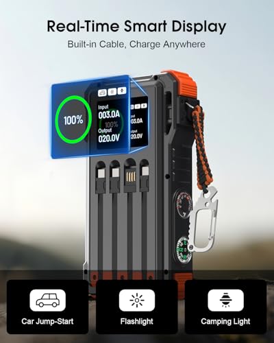 Solar Power Bank 12000.0 mAH, 45W Fast Charging with 4 Built-in Cables & Automotive-Grade Cells, Jump Starter, 12V Battery Booster Pack with Smart Display,Gift for Men, Orange - Image 6