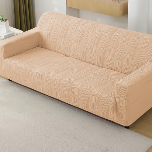 Image of HOKIPO 200 GSM Premium Knitting Jacquard Sofa Cover 4 Seater Fully Covered, 'Nestiva Series' Blush Beige (NEW-AR-5310-BGE)