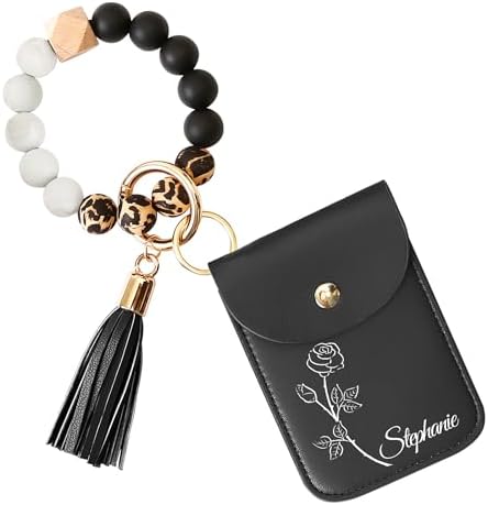 Personalized Wallet Keychain Custom Birth Flower & Name, Leather ...