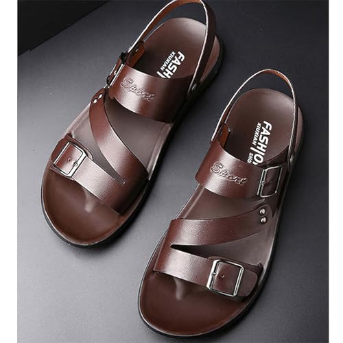 Exusiai Men Black Soft Flat Sandals Adjustable Dual Buckle Leather Slip-On Beach Sandals Open Toe Non-Slip Casual Comfortable4