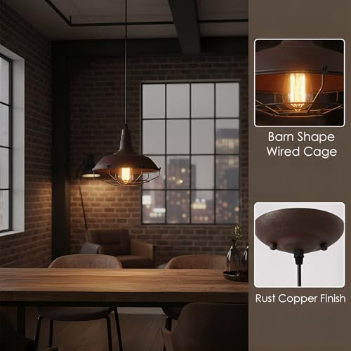 Image of DAYCENT Barn Style Pendant Light Farmhouse Caged Pendant Lighting Industrial Metal Wire Hanging Pendant Light Barn Pendant Light Fixtures for Kitchen Island Hallway Foyer, Rust Finish
