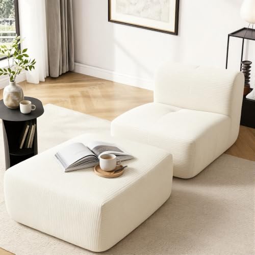 Image of Armless Chair with Ottoman, Modern Corduroy Convertible Cloud Couch