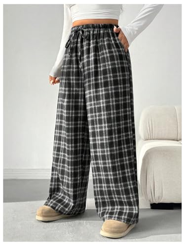 SHENHE Women's Plus Size Wide Leg Plaid Pants Drawstring Waist Y2k Loose Lounge Baggy Trousers2