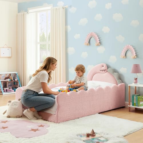 Image of Twin Size Kids Floor Bed Frame, Upholstered Montessori Platform Bed Cute Dinosaur-Shaped Daybed Frame for Girls Boys, No Box Spring Required, Pink