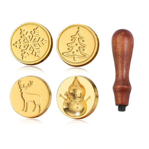 Christmas Wax Seal Stamp Kit 4 Pcs Wax Sealing Stamp Heads with 1 Vintage Wooden Handle Snowflakes Snowman Elk Xmas Tree Pattern for Card Envelope Gift Wrap Party Invitation