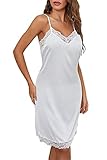 Fenteng Women's Slip Nightgowns Satin Sleepwear Lace Chemises Silky Sleeveless Sleepdress Cami Nightdress Comfy Nightshirt (XXL, White)