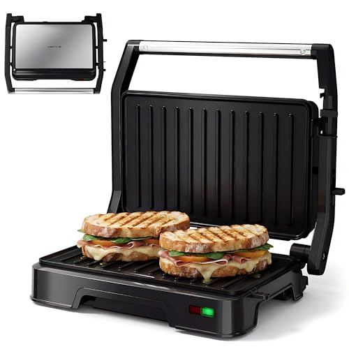 Image of KEINVE Panini Press Grill & Sandwich Maker - 2-Slice, 180 Adjustable Hinge, 900Watt Electric Grill Non-Stick Cast Aluminum Plates for Panini, Steak, Bread & More, Easy to Clean, Perfect for Kitchen