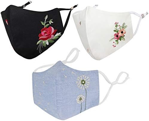 Floral Reusable, Washable, Anti-Bacterial(BFE>99%) 4 Layer Embroidered, Fashionable 100% Pure Cotton Cloth Face Mask for Women with Ear Adjusters (SpecialFloralComboMFN)