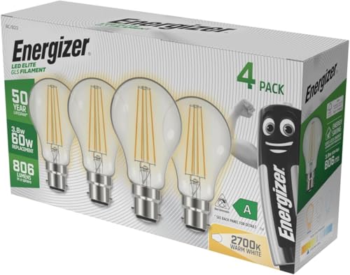 Energizer B22 Bayonet LED Light Bulb 60W Equivalent 3.8W A-Rated Energy Efficient 806lm Warm White 2700K Clear Vintage Filament Glass 50 000 Hour Lifespan Non-Dimmable