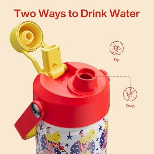 Image of Kids Insualated Water Bottle with Straw,12oz Stainless Steel Water Bottle with Dual Spouts, Leak-Proof,BPA-Free,Double Wall Vacuum Keeps Cold for 24 Hours for Sports,Travel,School (White Hippo Parade)