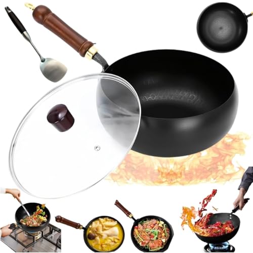 Uncoated Thick Iron Pot,9.4' Handmade Hammered Large Belly Pot with Wooden Lid/Glass Cover,Hand-Forged Non-Stick Pan,Triple Stainless Steel,Multi - Purpose for Baking, Cooking, Stewing (Glass Lid)