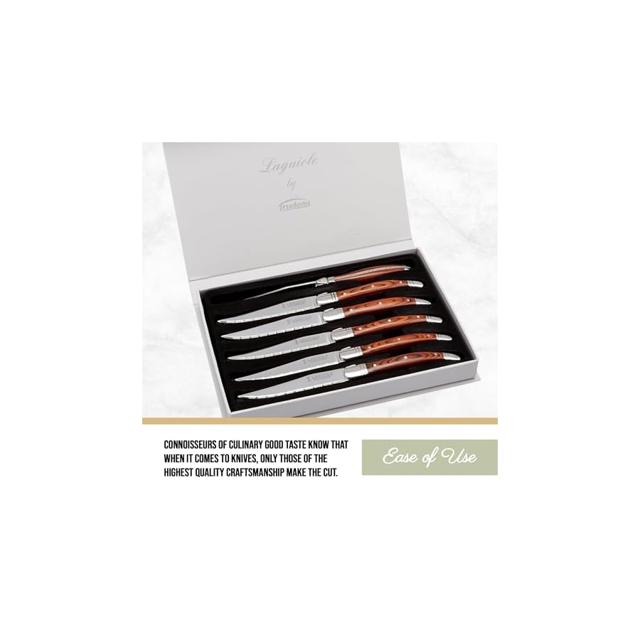 Trudeau Set of 6-Brown & Gray Laguiole Steak Knives with Pakkawood Handles, Stainless/Wood