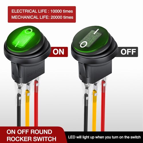 Image of Nilight 5PK 12V 20A Round Green LED Switch Waterproof SPST W /Wires Boat