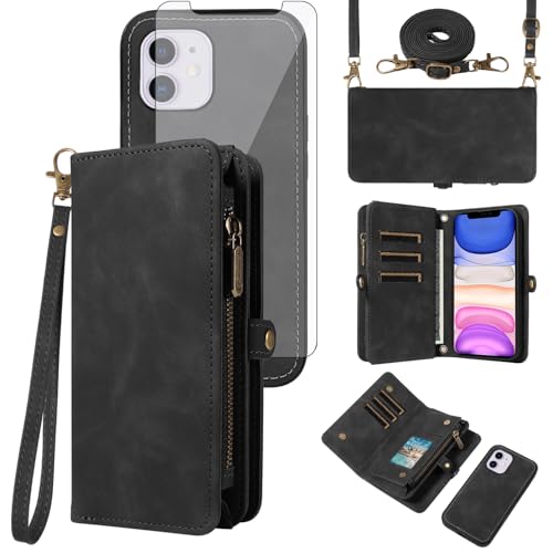 Coque iPhone 11 Asuwish avec fermeture éclair portefeuille amovible et verre trempé
