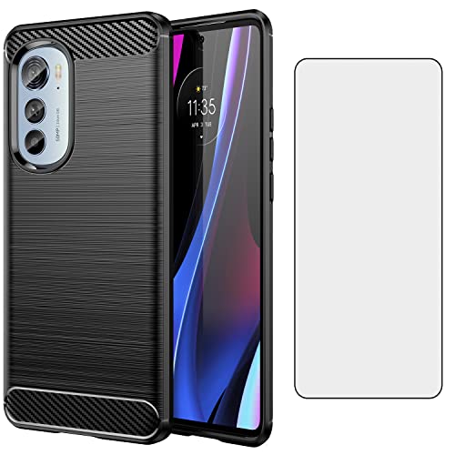 Asuwish Phone Case for Motorola Moto Edge 2022/MotoEdge 5G UW 2022 and Tempered Glass Screen Protector Cover Cell Accessories TPU Silicone Gen 3 XT2205-1 XT2205-2 6.6 Women Men Carbon Fiber Navy Black