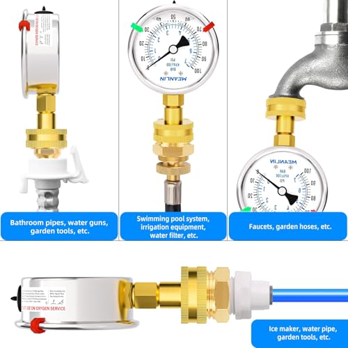 Image of MEANLIN MEASURE 0~100Psi Liquid Filled Pressure Gauge kit Plus 5 adapters Stainless Steel Frame 3 /4 inch Female, 2.5 inch FACE DIAL Multi-Purpose Pressure Gauge kit, Suitable for Gardens, Water Pipes, etc