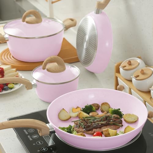 Pots and Pans Set Non Stick, Ceramic Cookware Set with Granite Pattern, Induction Kitchen Cooking Sets w/Frying Pans, Saucepans, Casserole with Lids, Non-Toxic, PTFE/PFOA/PFOS-Free, Pale Pink - Image 5