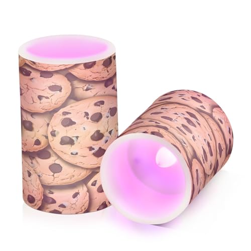 ALAZA Chocolate Chip Cookies Pattern Design Flickering Flameless Candles Battery Operated with Remote Timer,Tea Light Candles LED Pillar Votive Candles Set of 2 for Outdoor Indoor Decorations
