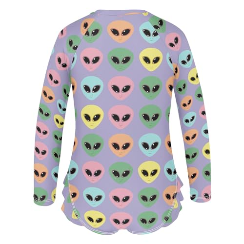 Cute Alien UFO Girls Long Sleeve Rashguard Swimsuit UV Protection One-Piece Swimwear Bathing Suit B04040353