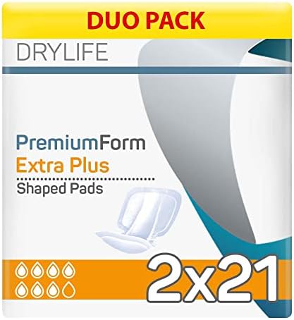 Drylife Premium Form Unisex Incontinence Shaped Pads | Dry Feel Technology, Anti-Leakage Cuffs, Odour Control & 100% Breathable Cotton Material - Extra Plus (2 Packs of 21)