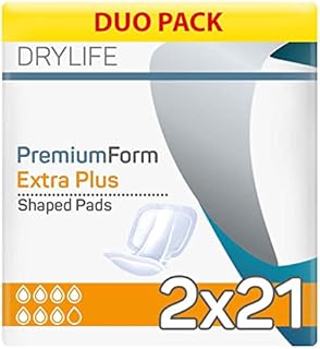 Drylife Premium Form Unisex Incontinence Shaped Pads | Dry Feel Technology, Anti-Leakage Cuffs, Odour Control & 100% Breathable Cotton Material - Extra Plus (2 Packs of 21)