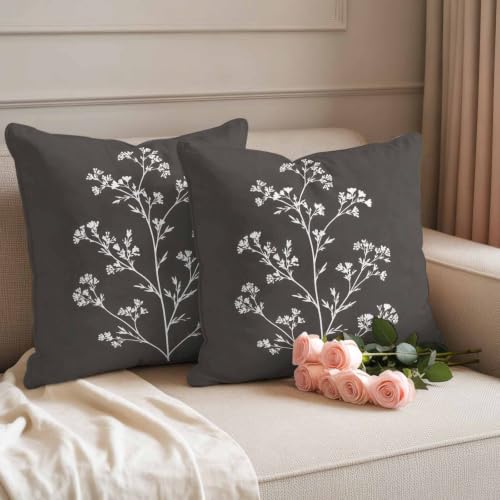 Outdoor Waterproof Throw Pillow Cover Farmhouse Wild Floral Black Decorative Pillow Covers 18x18inch Set of 2 Pillows Case, Watercolor Delicate Branch Cushion Cases for Sofa Couch Patio Garden
