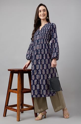 Image of Janasya Women's Pure Cotton Floral Printed A-line Kurta