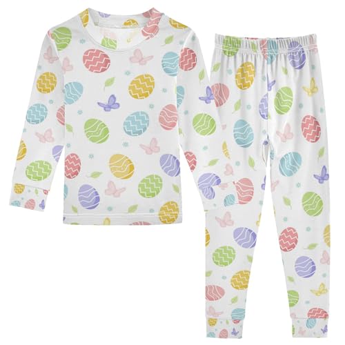 Vozoza Easter Eggs Butterfly White Pajama Sets Long Sleeve Top with Pants Cotton Soft Sleepwear 2 Piece Pjs Set Size 3T
