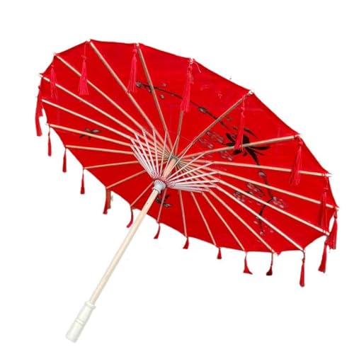 JHDDIA Retro Tassels 32in Japanese Umbrella Silk Fabric Anti-Sun Parasols for Wedding Dancing Chinese Umbrella Fashion Shows(Red,82cm+cloth bag)
