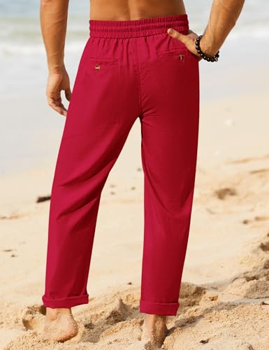 Image of iWoo Linen Pants Men Casual 2025 Summer Beach Elastic Drawstring Waist Yoga Pants Travel Baggy Work Pant Pajama